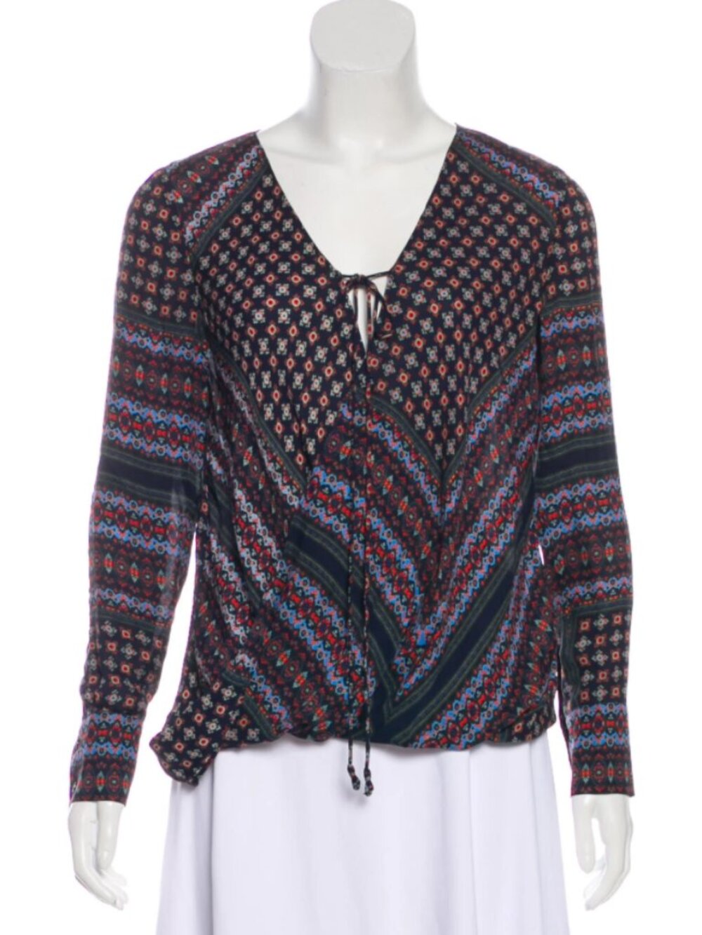 Derek Lam Boho Abstract Surplice Silk Blouse with Tie, Size XS / 0